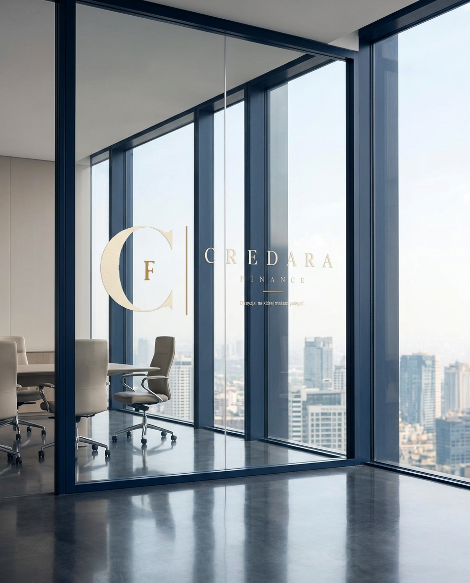 Wizualizacja szklanej ściany z logo Credara Finance i widokiem na miasto
